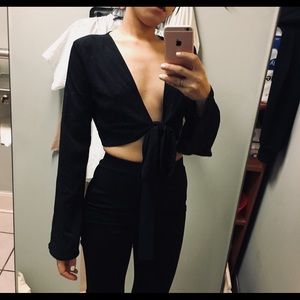 Black Long Sleeve Wrap Top